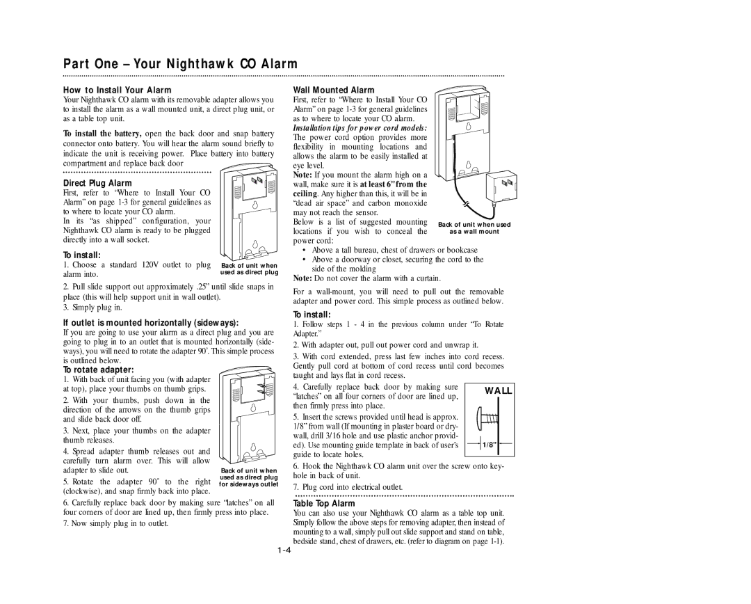 Nighthawk KN-COPP-3 How to Install Your Alarm, Direct Plug Alarm, To install, If outlet is mounted horizontally sideways 