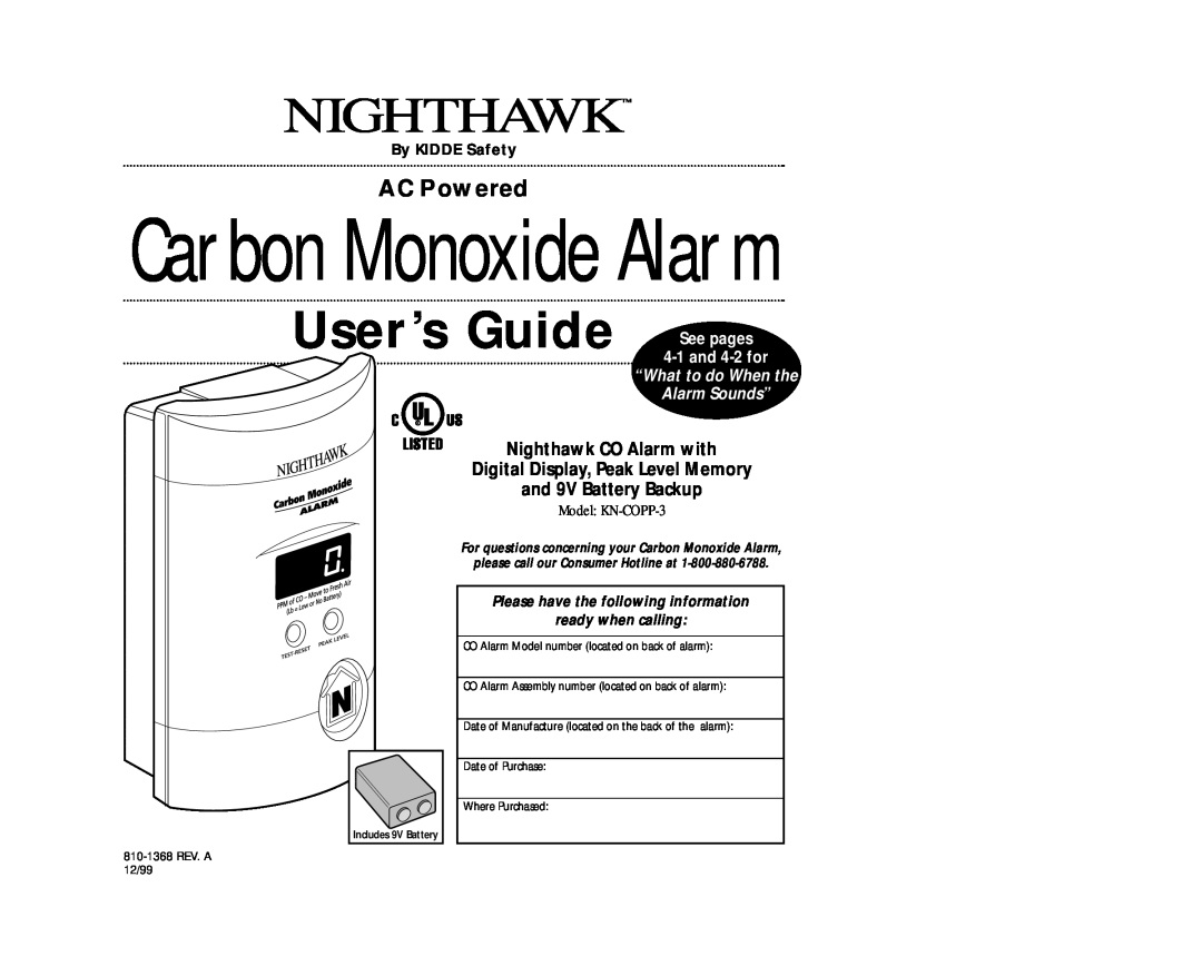 Nighthawk KN-COPP-3 manual AC Powered, Nighthawk CO Alarm with, Digital Display, Peak Level Memory, and 9V Battery Backup 