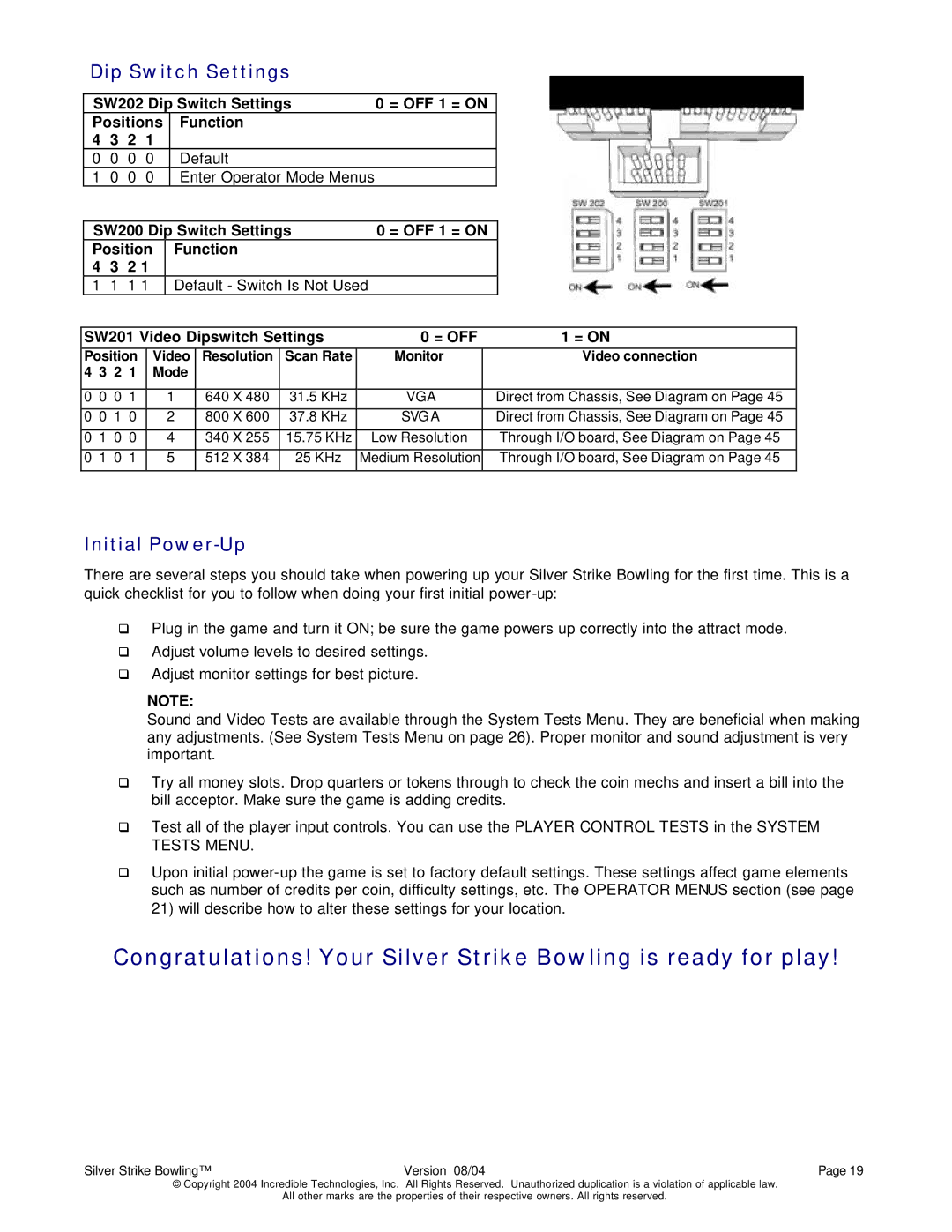 Nighthawk SILVER STRIKE BOWLING operation manual Dip Switch Settings 