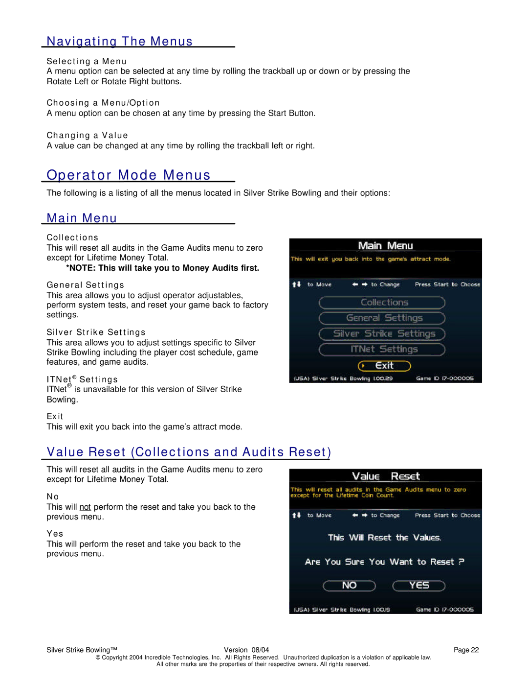 Nighthawk SILVER STRIKE BOWLING operation manual Operator Mode Menus, Navigating The Menus, Main Menu 