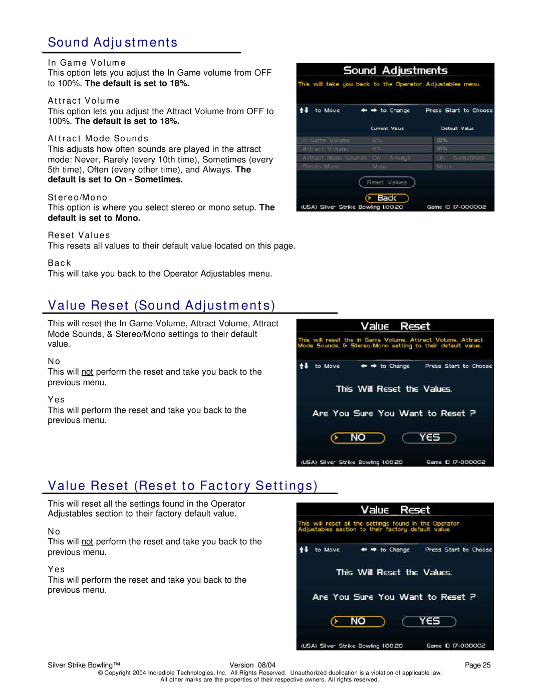 Nighthawk SILVER STRIKE BOWLING operation manual Value Reset Sound Adjustments, Value Reset Reset to Factory Settings 