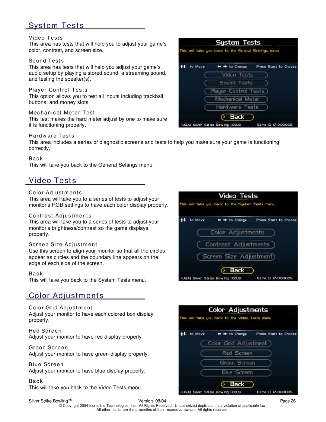 Nighthawk SILVER STRIKE BOWLING operation manual System Tests, Video Tests, Color Adjustments 