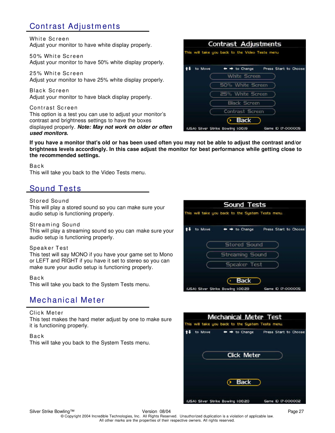 Nighthawk SILVER STRIKE BOWLING operation manual Contrast Adjustments, Sound Tests, Mechanical Meter 