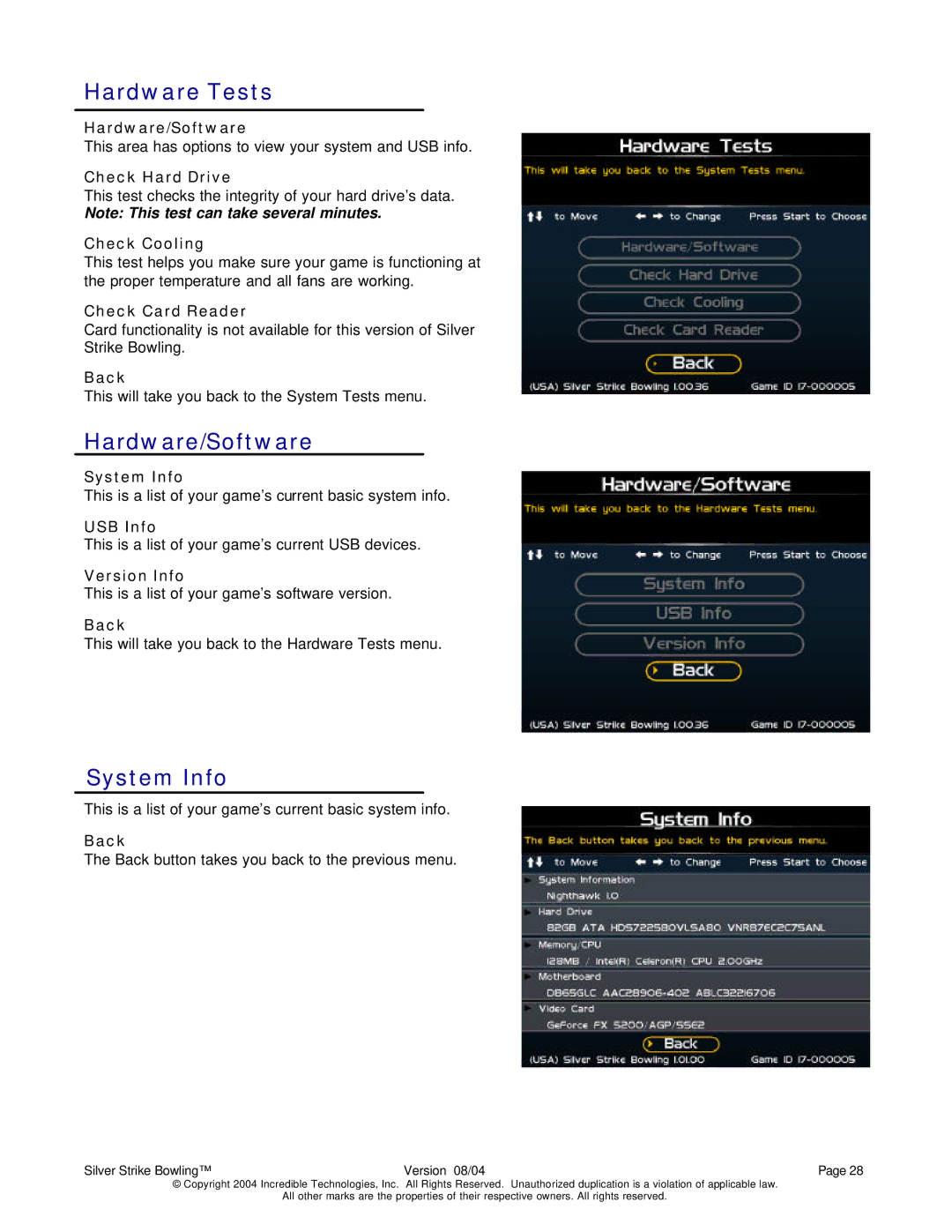 Nighthawk SILVER STRIKE BOWLING operation manual Hardware Tests, Hardware/Software, System Info 