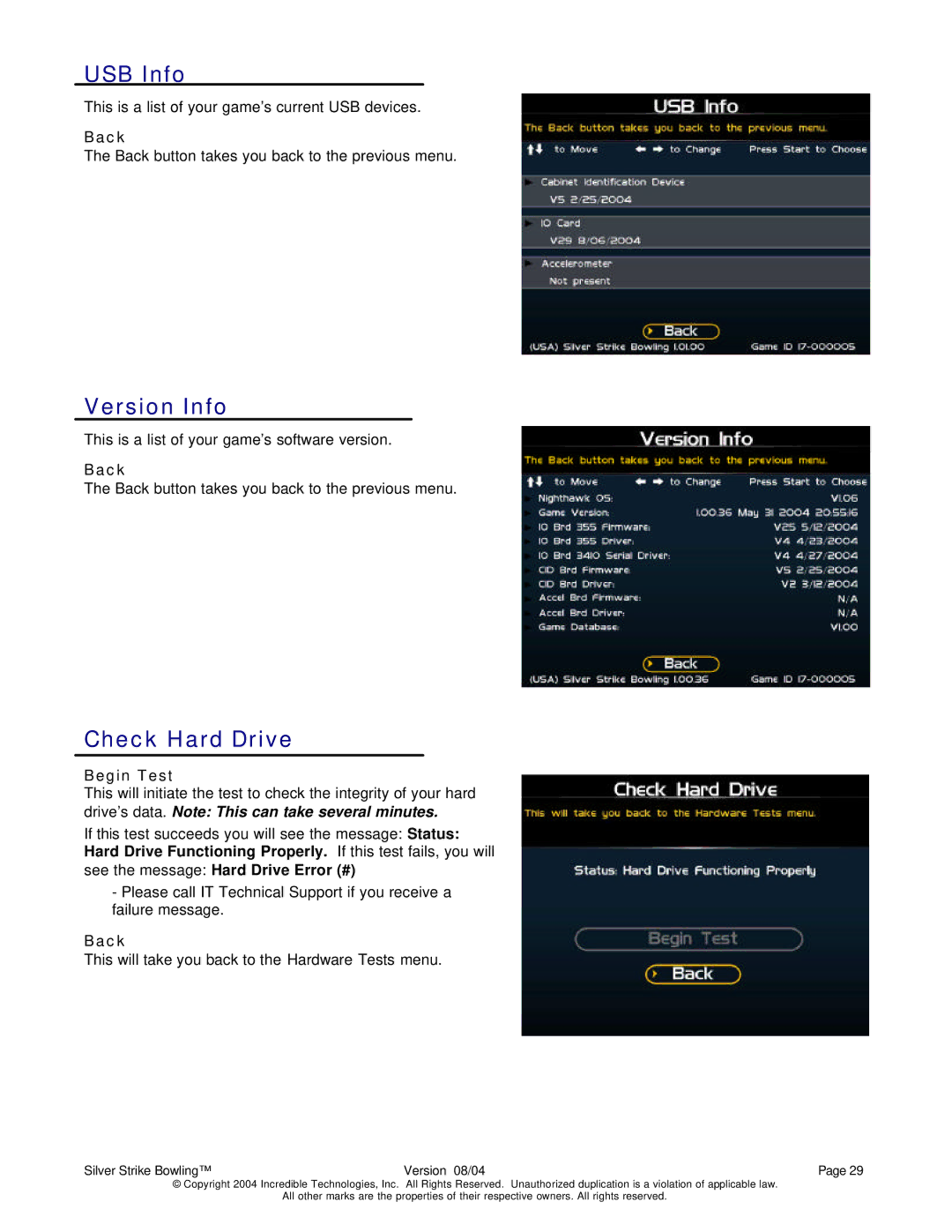 Nighthawk SILVER STRIKE BOWLING operation manual USB Info, Version Info, Check Hard Drive, Begin Test 