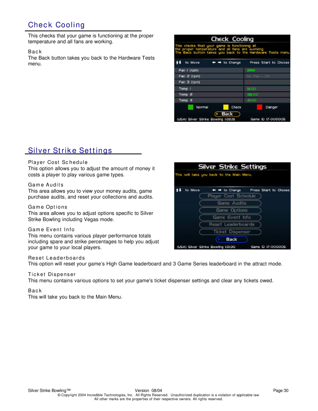 Nighthawk SILVER STRIKE BOWLING operation manual Check Cooling, Silver Strike Settings 