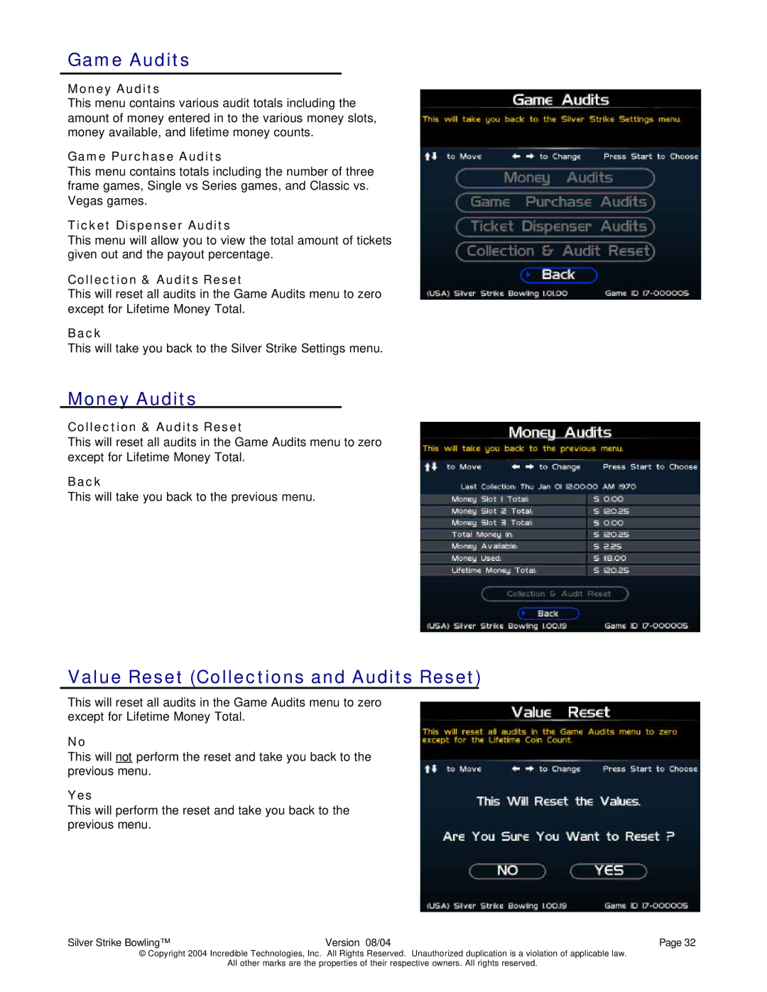 Nighthawk SILVER STRIKE BOWLING operation manual Game Audits, Money Audits 