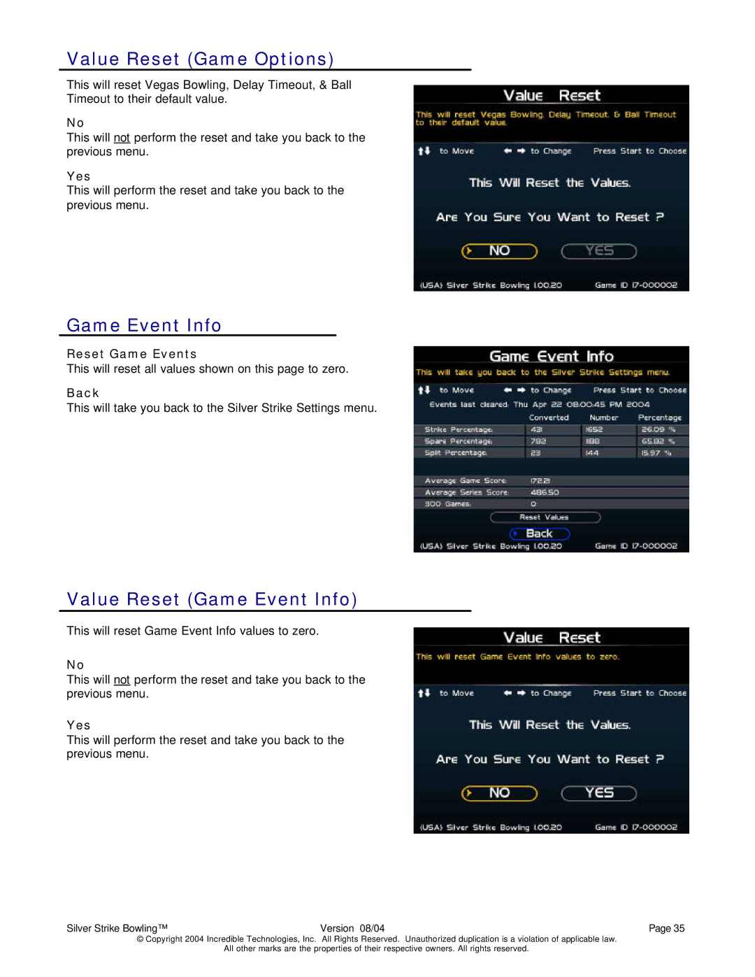 Nighthawk SILVER STRIKE BOWLING Value Reset Game Options, Value Reset Game Event Info, Reset Game Events 