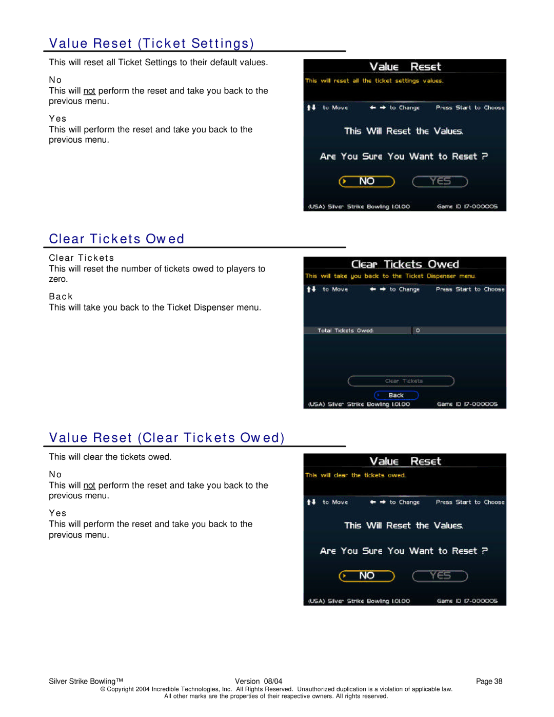 Nighthawk SILVER STRIKE BOWLING operation manual Value Reset Ticket Settings, Value Reset Clear Tickets Owed 