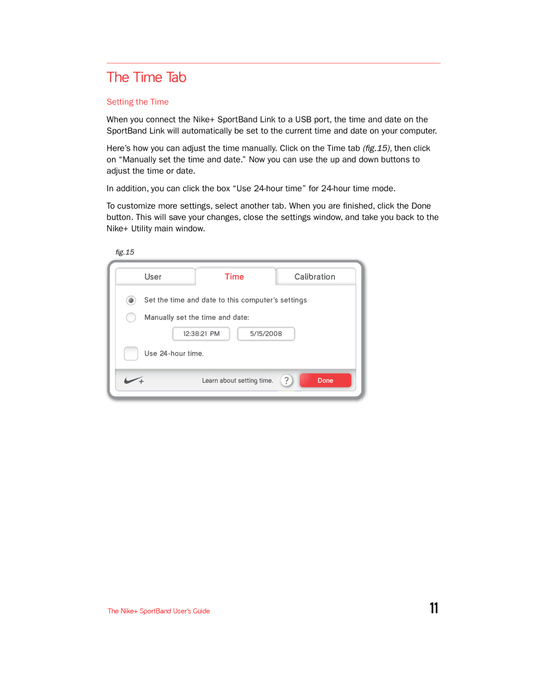 Nike + SPORTBAND manual Time Tab, Setting the Time 