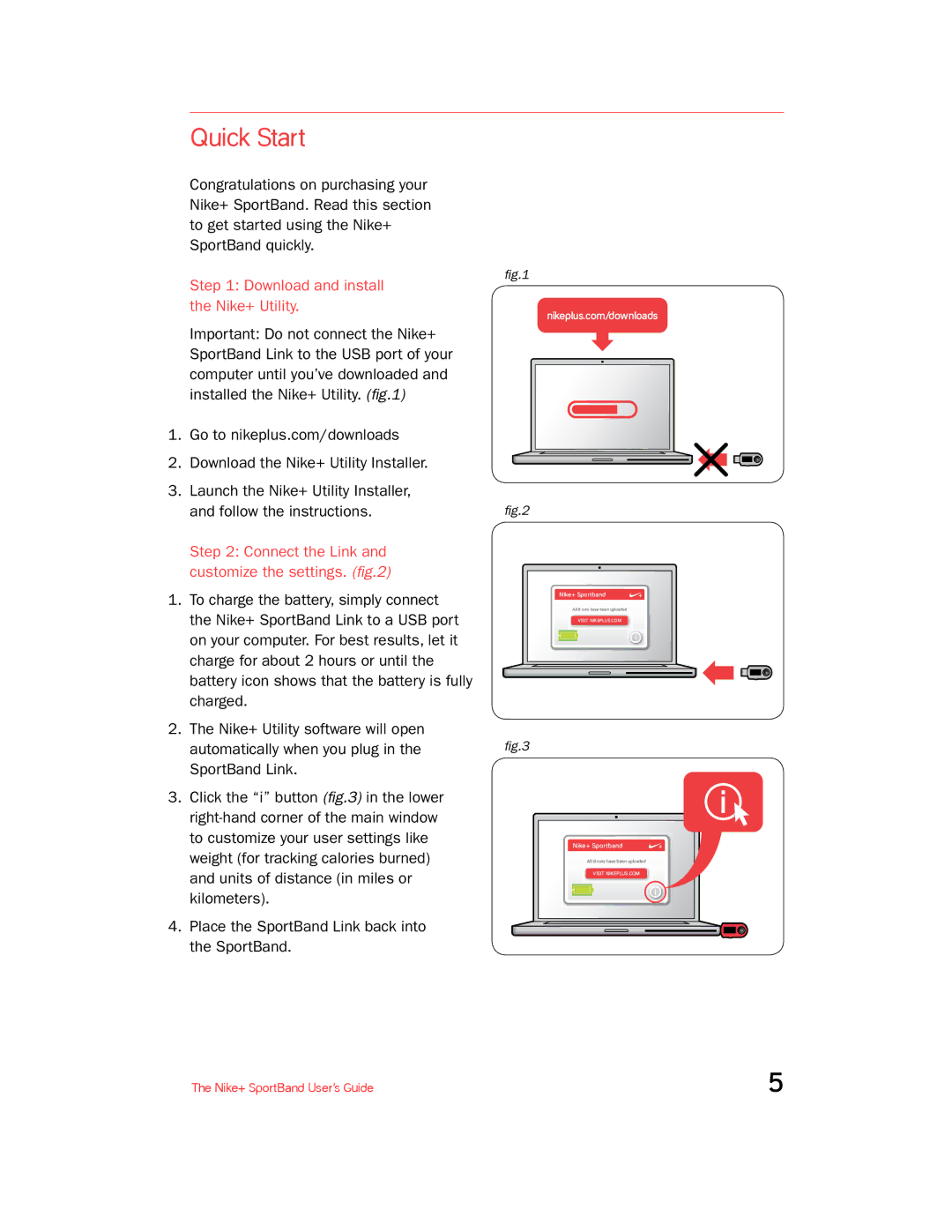 Nike + SPORTBAND manual Quick Start, Download and install the Nike+ Utility, Connect the Link and customize the settings 