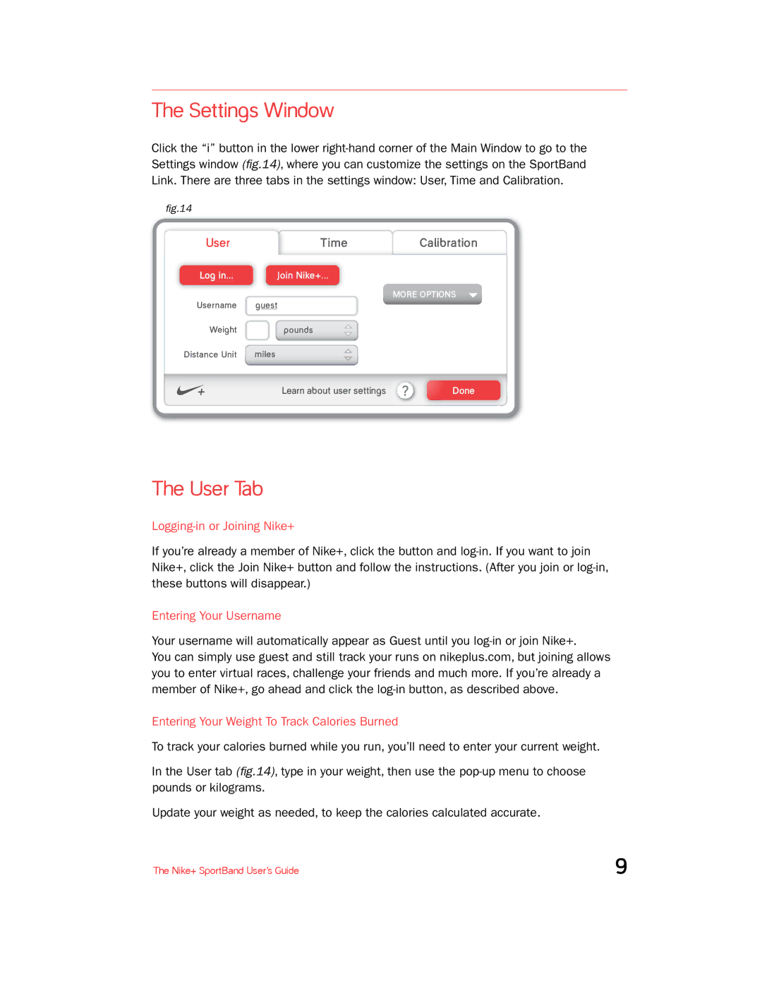 Nike + SPORTBAND manual Settings Window, User Tab, Logging-in or Joining Nike+, Entering Your Username 