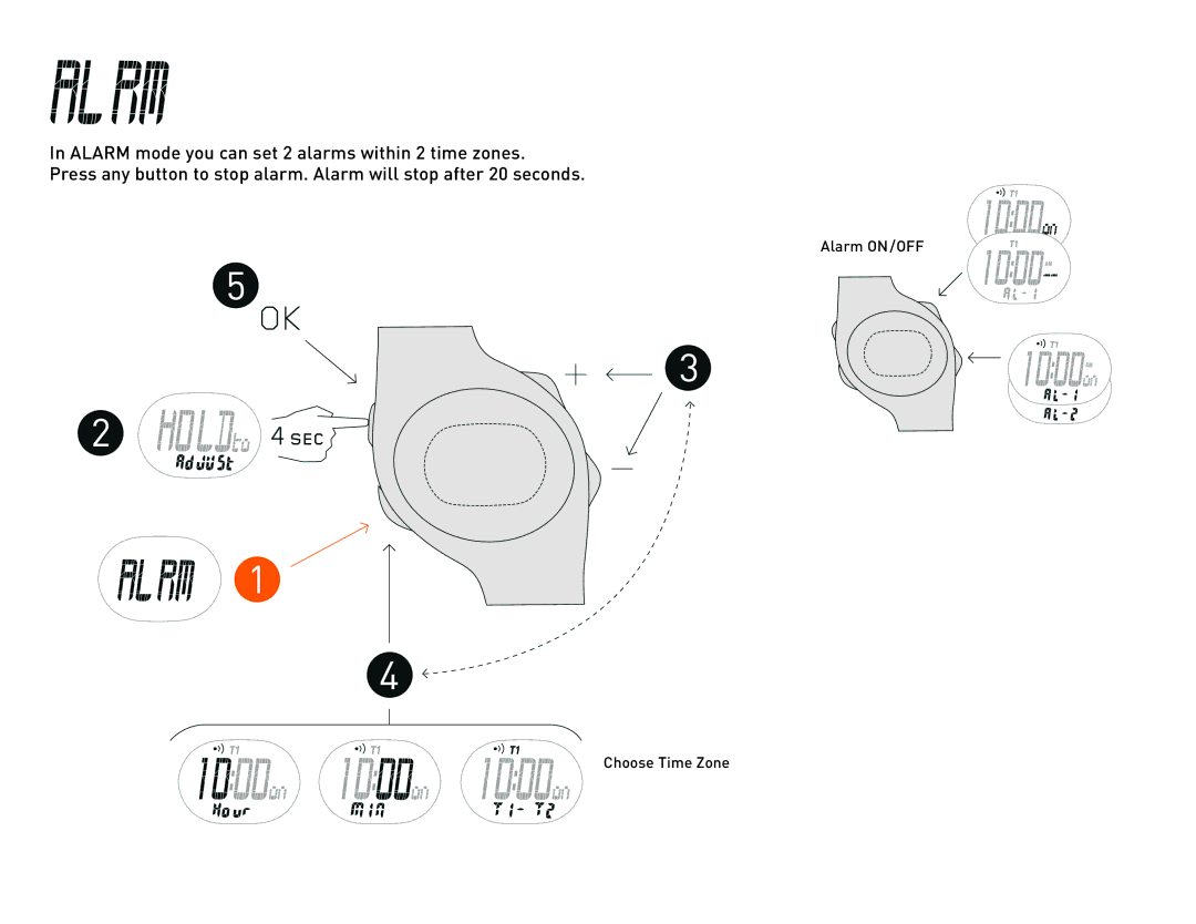 Nike 15 manual Choose Time Zone Alarm ON/OFF 