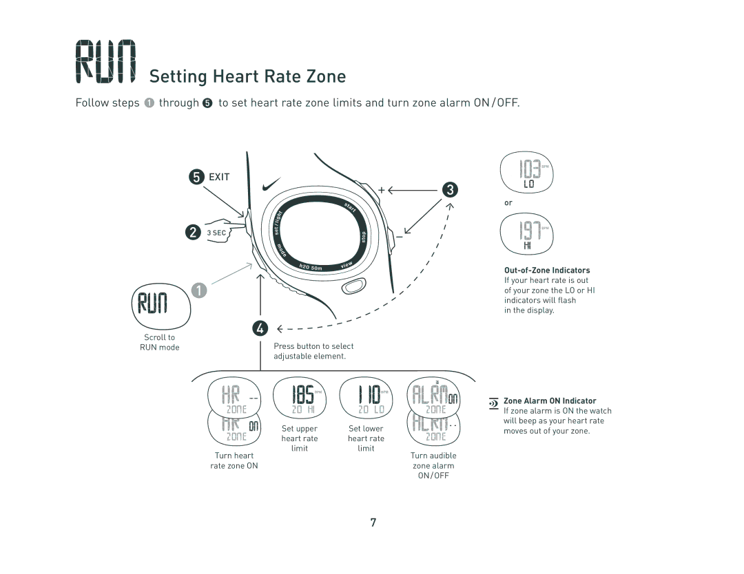 Nike c5 manual Setting Heart Rate Zone, Zone Alarm on Indicator 