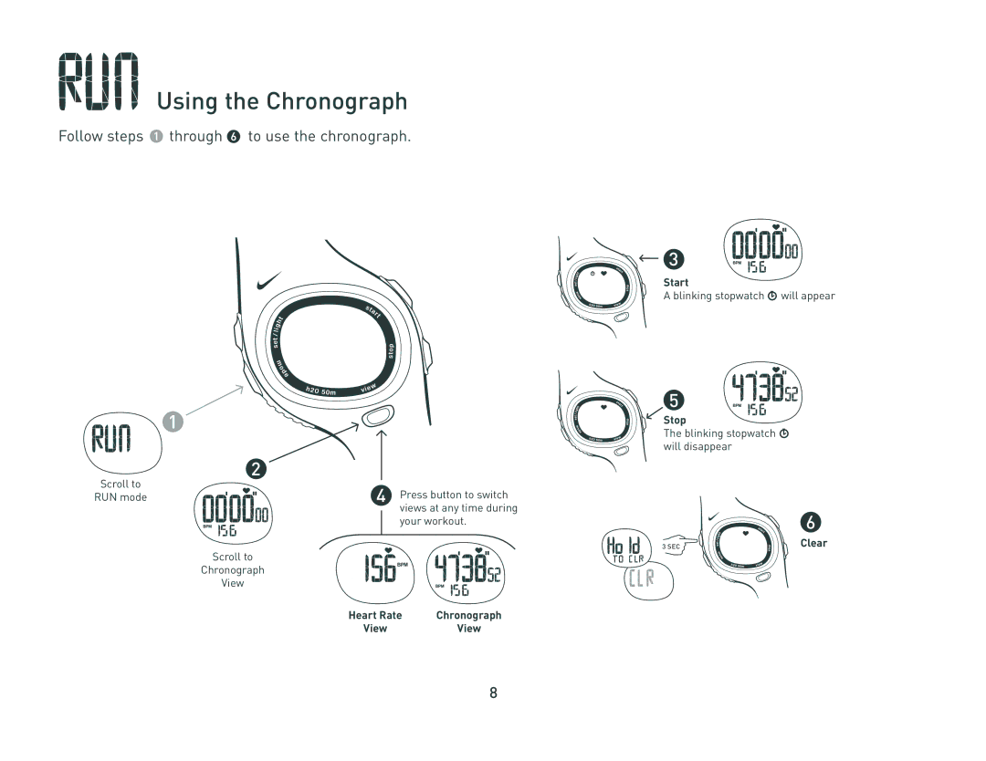 Nike c5 manual Using the Chronograph, Follow steps through to use the chronograph, Start, Stop 