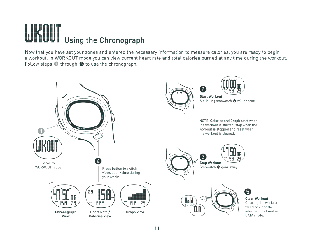 Nike C6 manual Using the Chronograph, Start Workout, Heart Rate, Clear Workout 