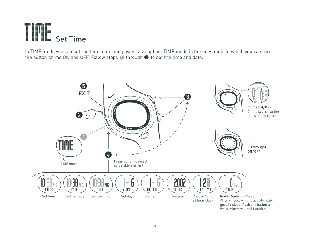 Nike C6 manual Set Time, Electrolight, Power Save 0-24hrs 