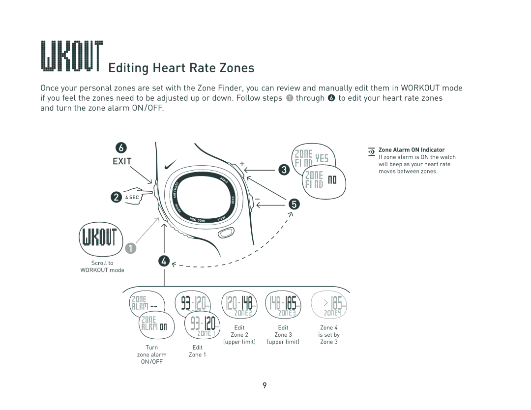 Nike C6 manual Editing Heart Rate Zones, Zone Alarm on Indicator 