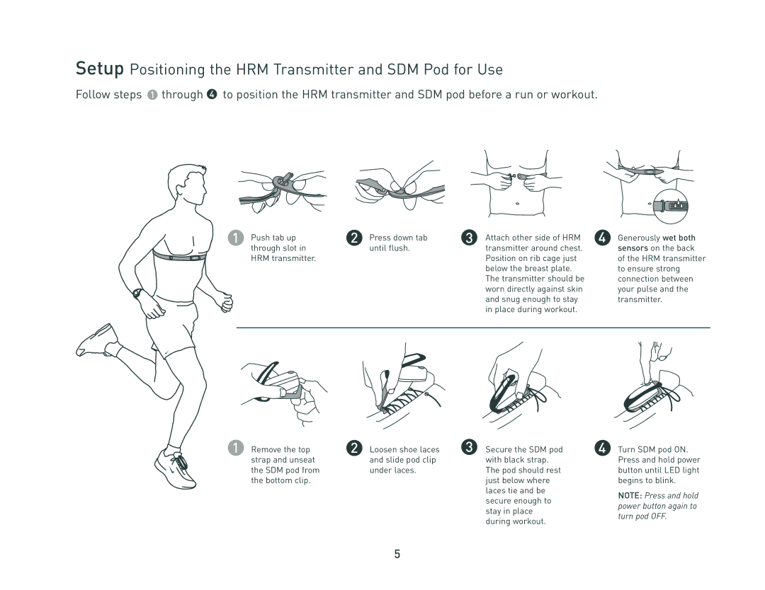 Nike HRM/SDM manual Setup Positioning the HRM Transmitter and SDM Pod for Use 