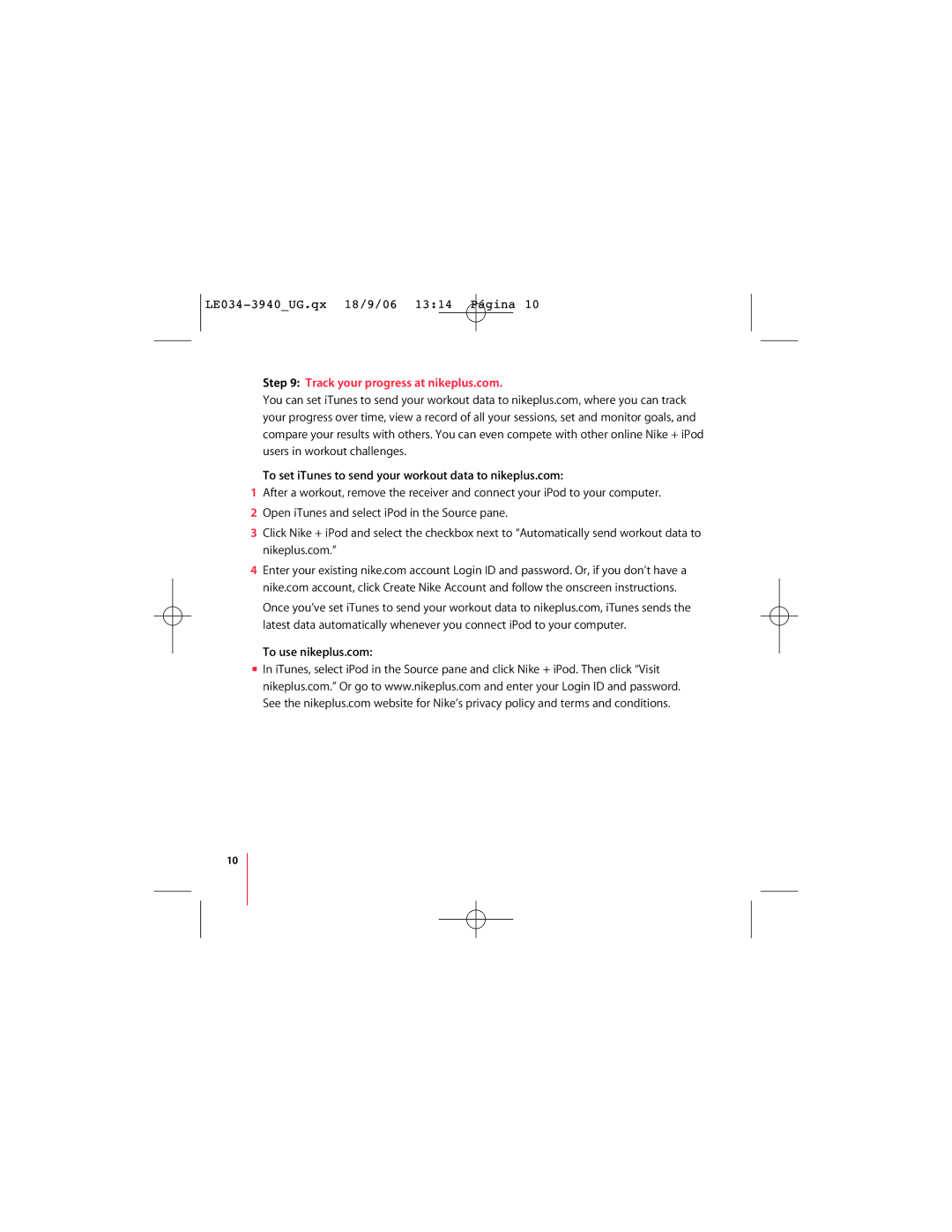Nike LE034-3940_UG.qx 18/9/06 13:14 Pgina 1 manual Track your progress at nikeplus.com, To use nikeplus.com 