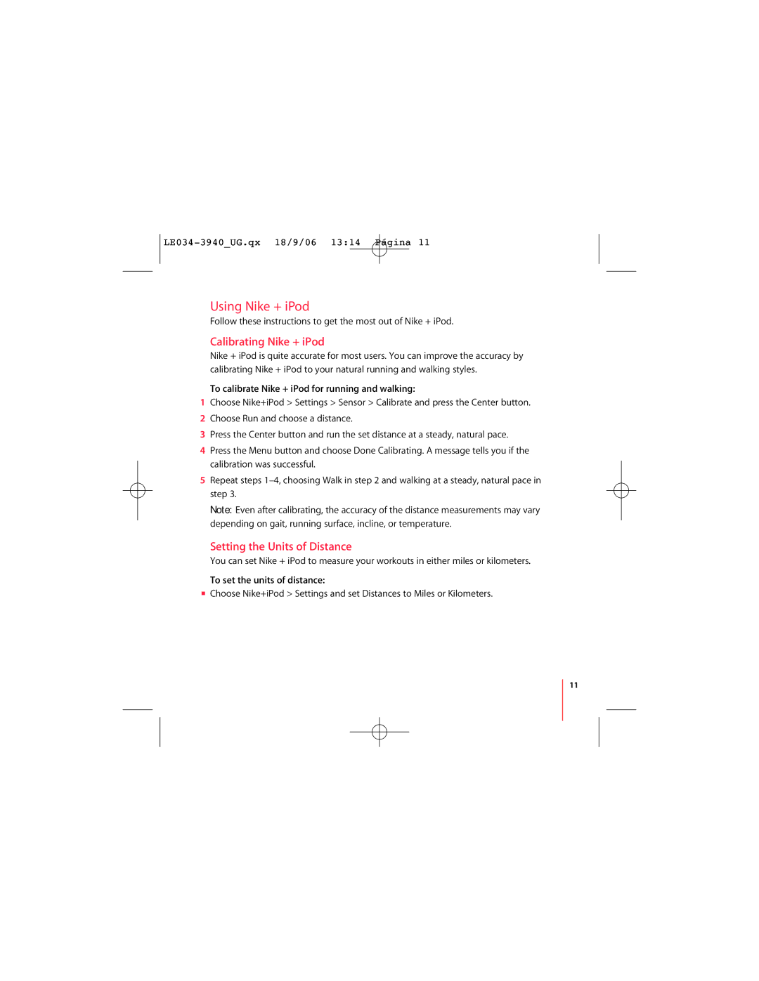 Nike LE034-3940_UG.qx 18/9/06 13:14 Pgina 1 Using Nike + iPod, Calibrating Nike + iPod, Setting the Units of Distance 