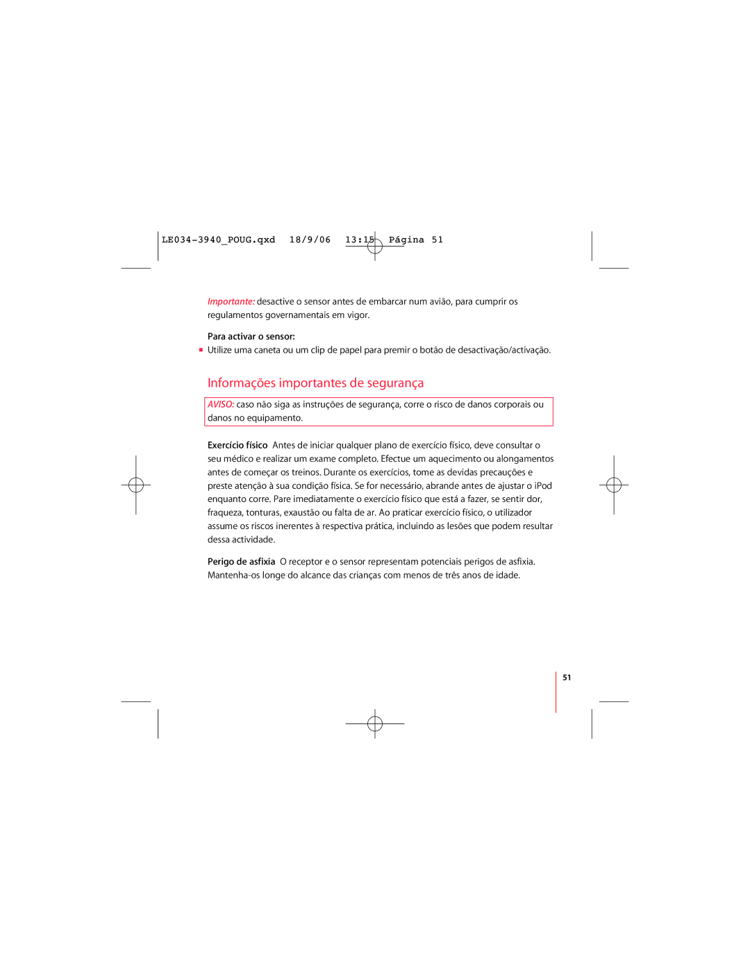 Nike LE034-3940_UG.qx 18/9/06 13:14 Pgina 1 manual Informações importantes de segurança, Para activar o sensor 