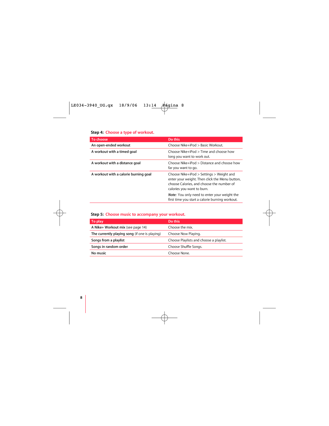 Nike LE034-3940_UG.qx 18/9/06 13:14 Pgina 1 manual Choose a type of workout, Choose music to accompany your workout 
