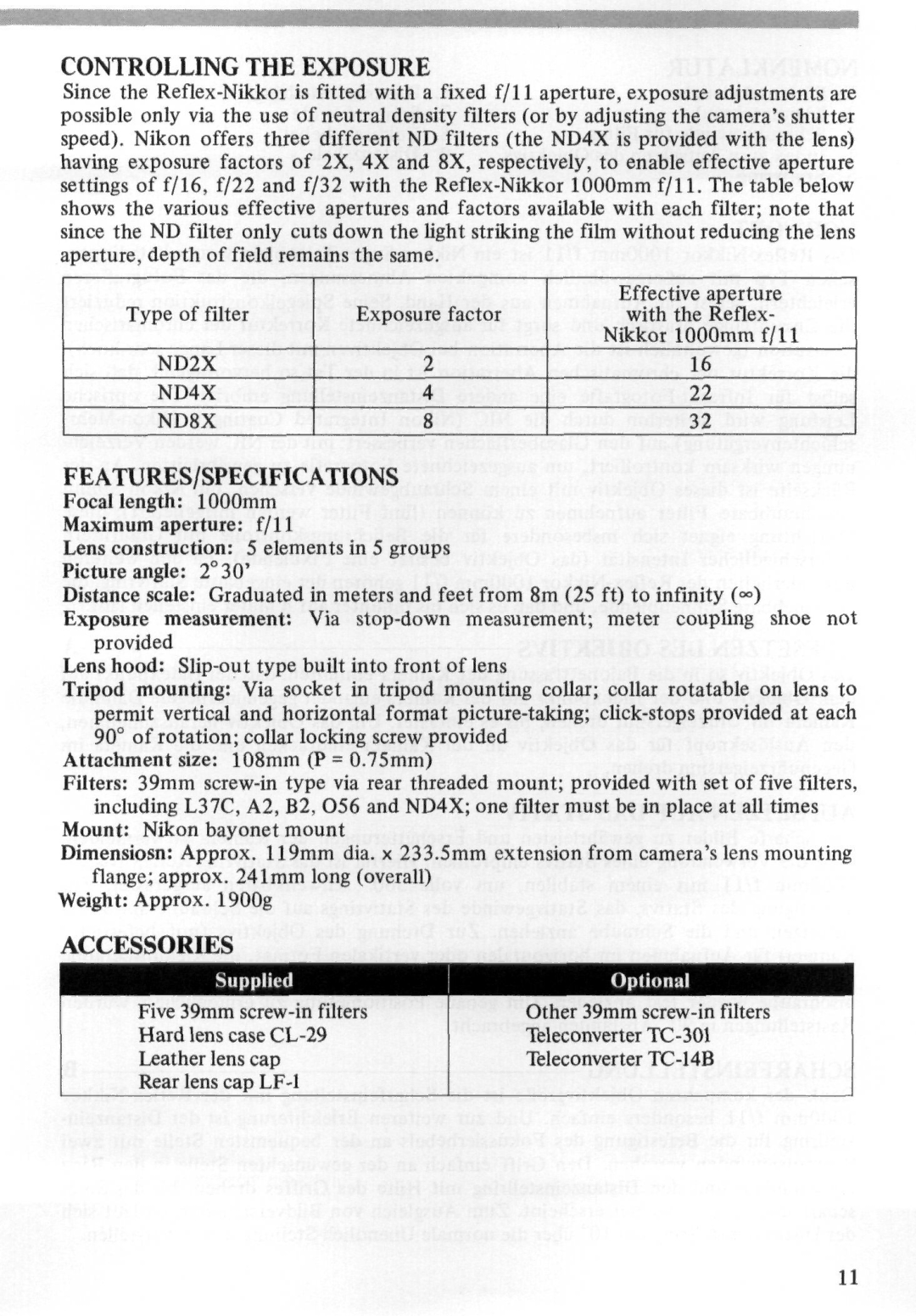 Nikon 1000MM instruction manual Controlling the Exposure, Features/Specifications, Accessories 