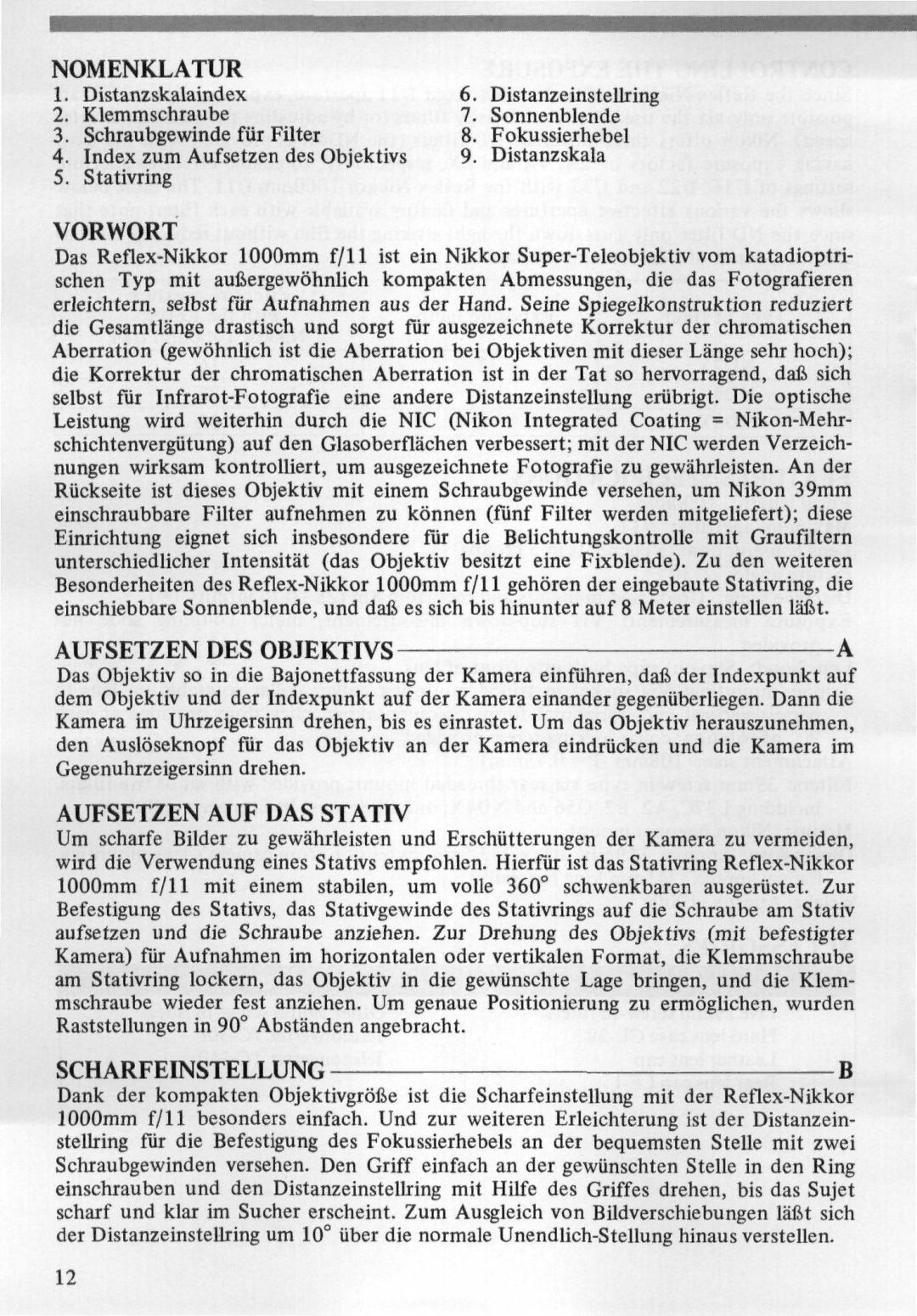 Nikon 1000MM instruction manual Nomenklatur, Vorwort, Aufsetzen DES Objektivs, Aufsetzen AUF DAS Stativ, Scharfeinstellungb 