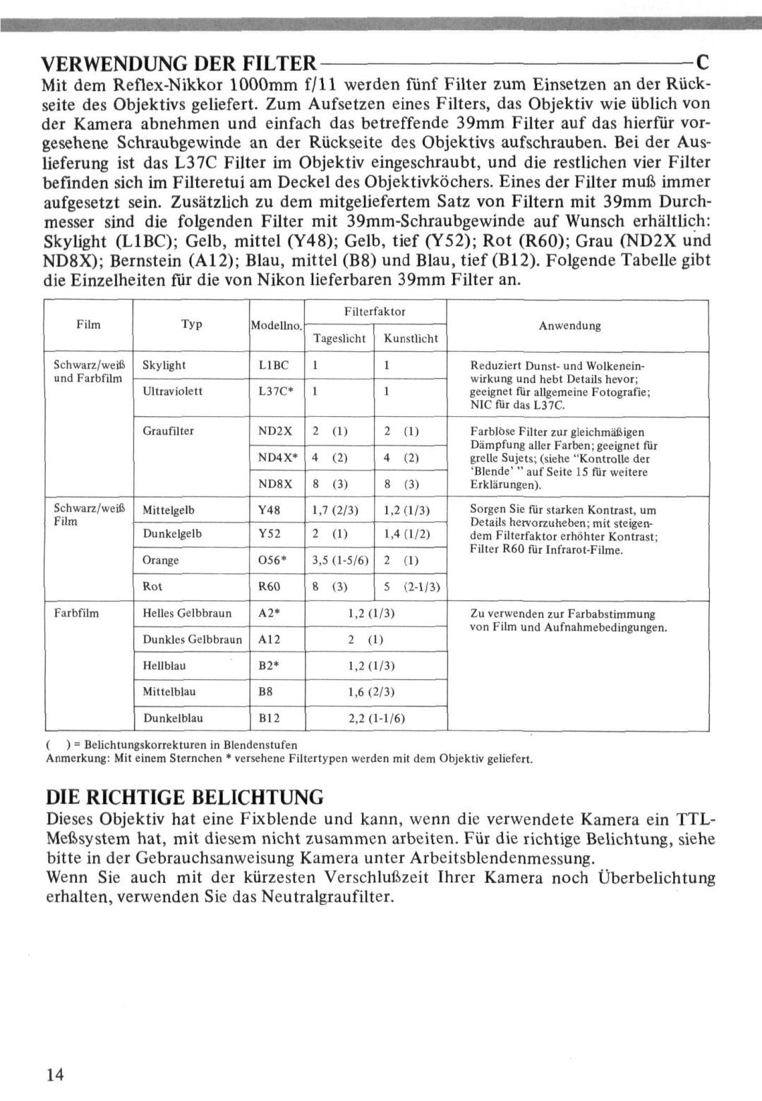 Nikon 1000MM instruction manual Verwendung DER Filterc 