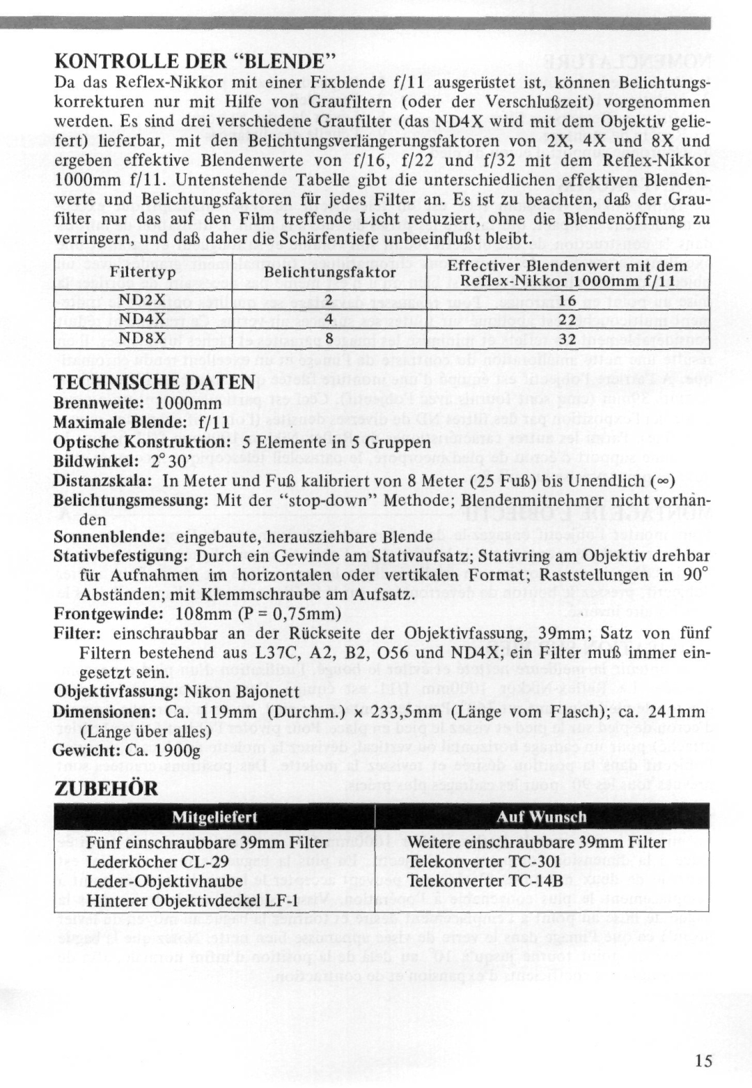 Nikon 1000MM instruction manual Kontrolle DER Blende, Zubehor 