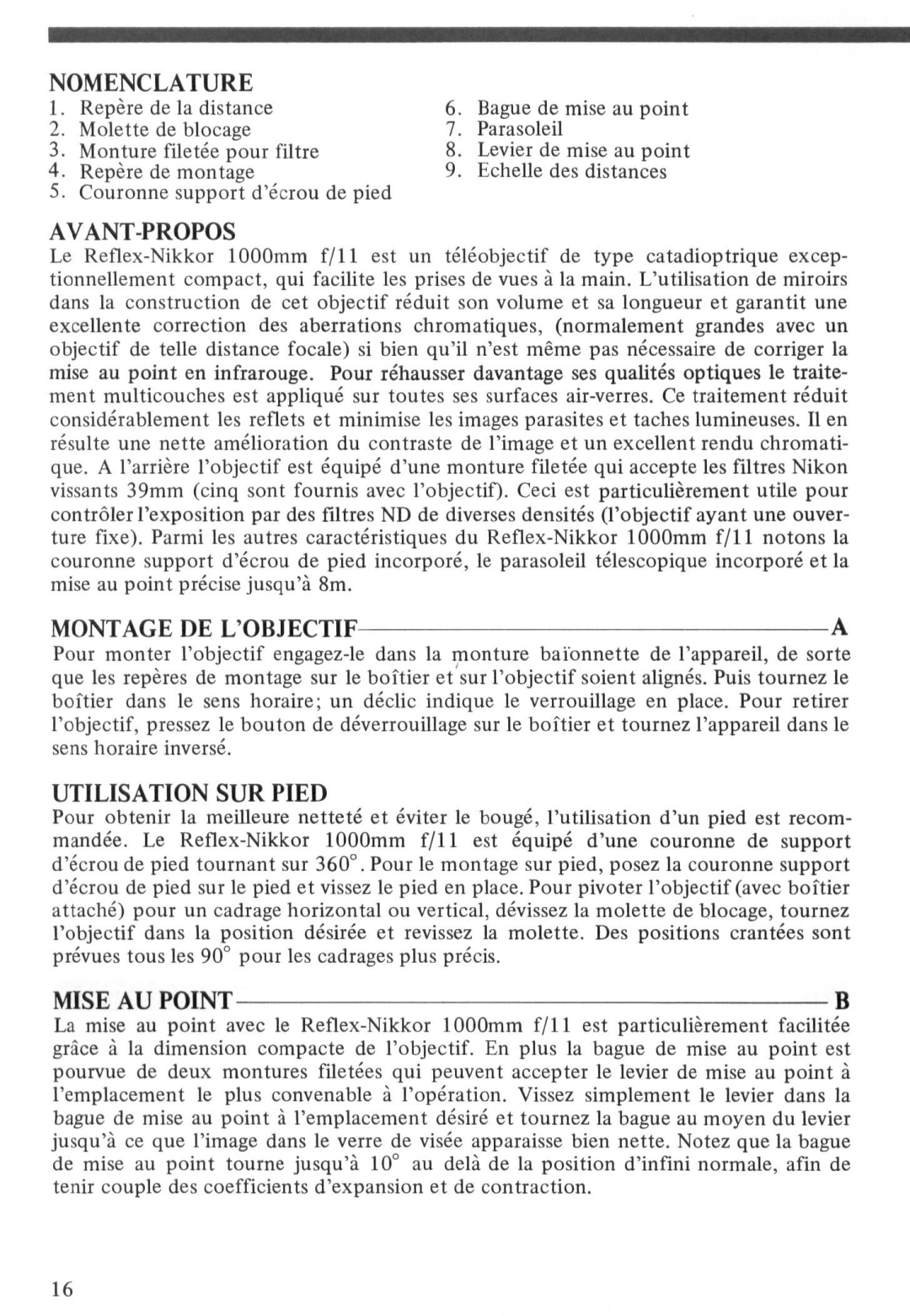 Nikon 1000MM instruction manual Avant-Propos, Montage DE Lobjectif, Utilisation SUR Pied, Mise AU Point 