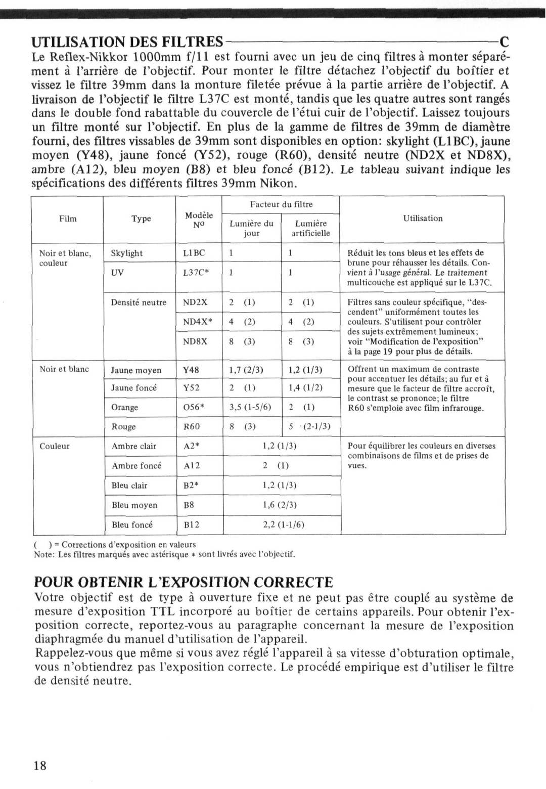 Nikon 1000MM instruction manual Utilisation DES Filtres 