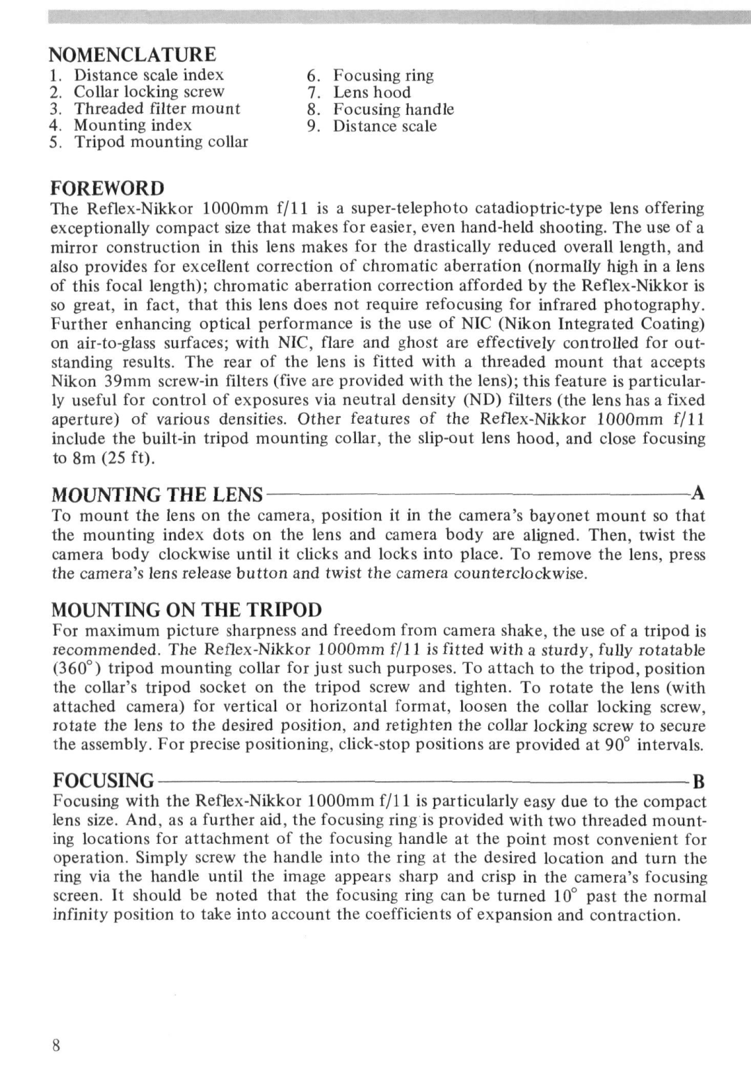 Nikon 1000MM instruction manual Nomenclature, Foreword, Mounting the Lens, Mounting on the Tripod, Focusing 