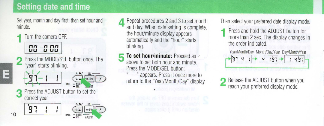 Nikon 110i instruction manual Setting date and time, Press the Adjust button to set the correct year 