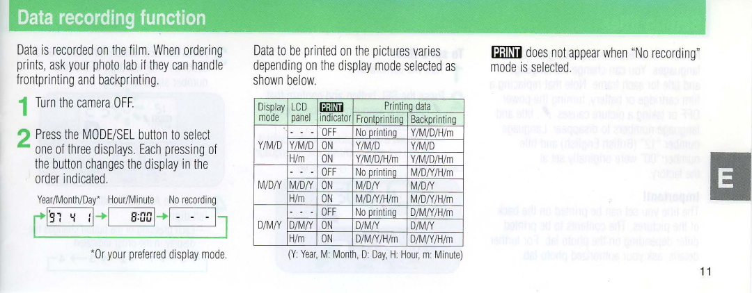 Nikon 110i instruction manual Data recording function, ~ does not appear when No recording mode is selected 