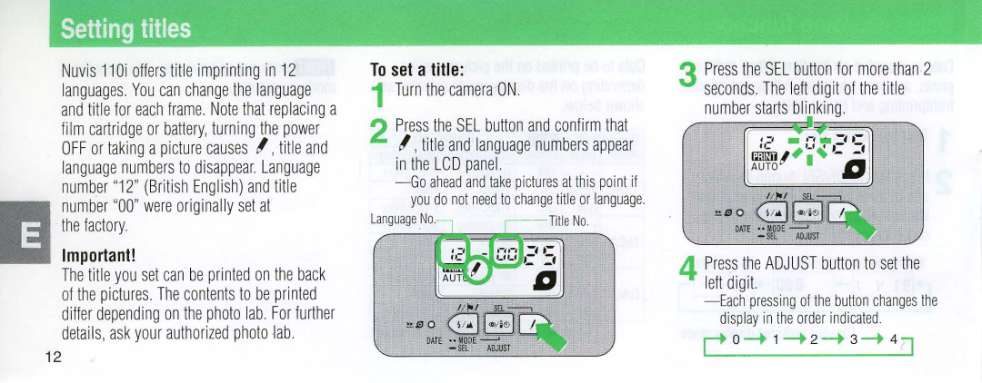 Nikon 110i instruction manual Factory, To set a title, Turn the camera on, Press theADJUST button to set the left digit 