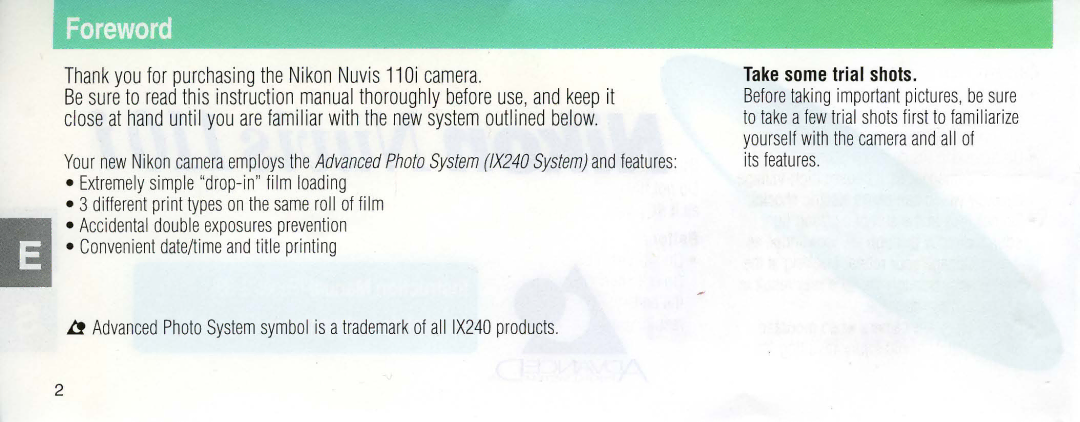 Nikon 110i instruction manual Foreword, Take some trial shots, Its features, Yourself with the camera and all 