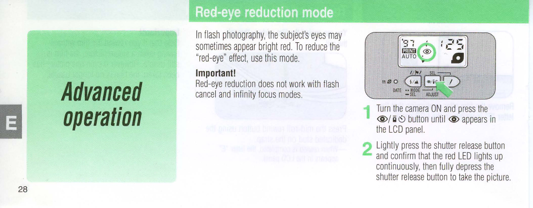 Nikon 110i instruction manual Advanced operation, Red-eye redyction mode 