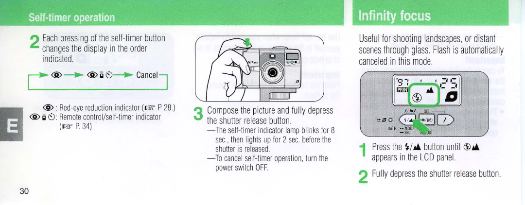 Nikon 110i instruction manual Infinity focus, @ iii ~. Remote control/self-timer indicator lIE P 