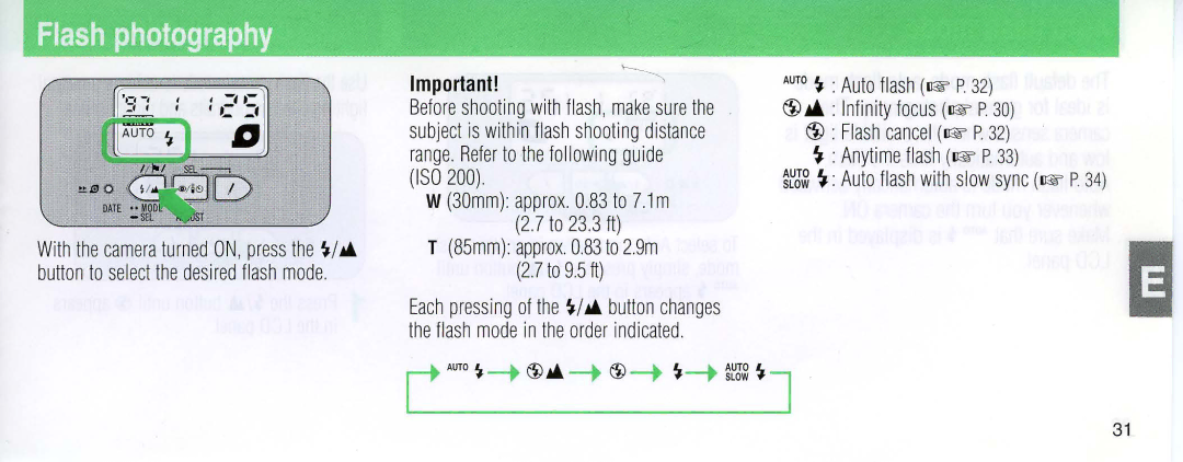 Nikon 110i instruction manual Flash photography, Auto I Auto flash lIE P32, @ ~ Infinity focus lIE P, Flash cancel lIE P 