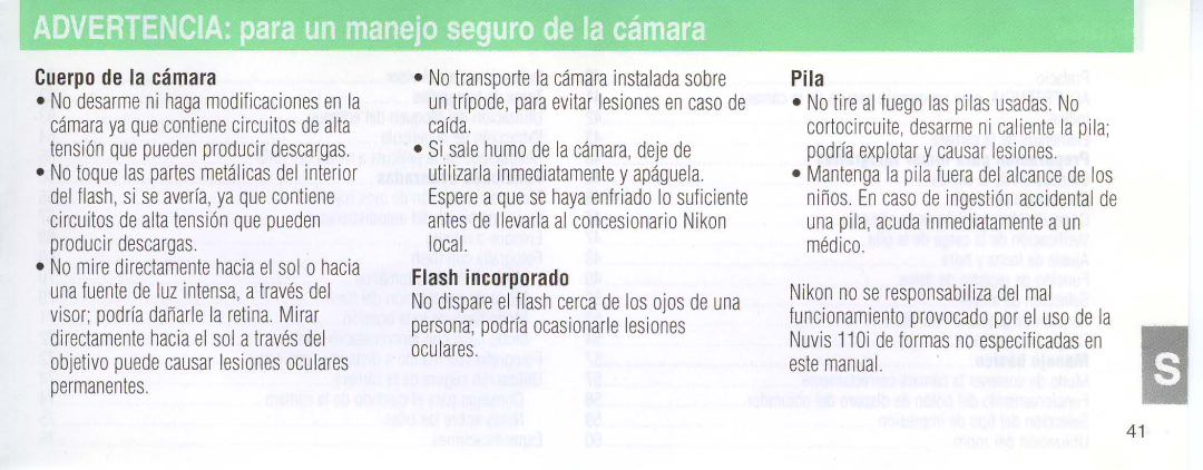 Nikon 110i instruction manual Cuerpo de la camara, Flash incorporado, Pila 