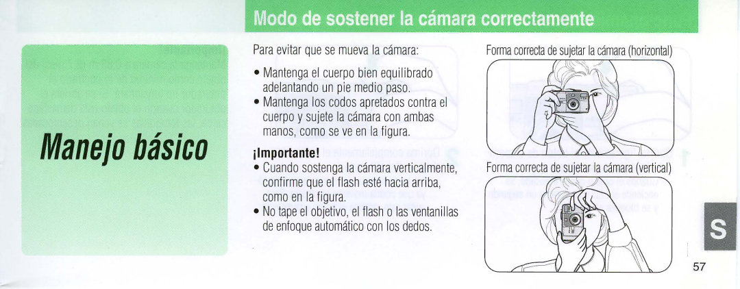 Nikon 110i instruction manual Modo de sostener la camara correctamente, Forma correcta de sujetar la camara vertical 