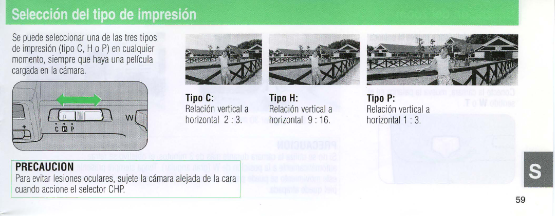 Nikon 110i Seleccion del tipo de impresion, Tipo C Tipo H Tipo P, Relaci6n vertical a, Horizontal 2 Horizontal 9 