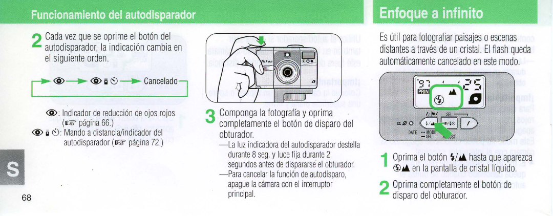 Nikon 110i instruction manual Enfoque a infinito, @ Indicadar de reduccion de ajas rajas 1& pagina 