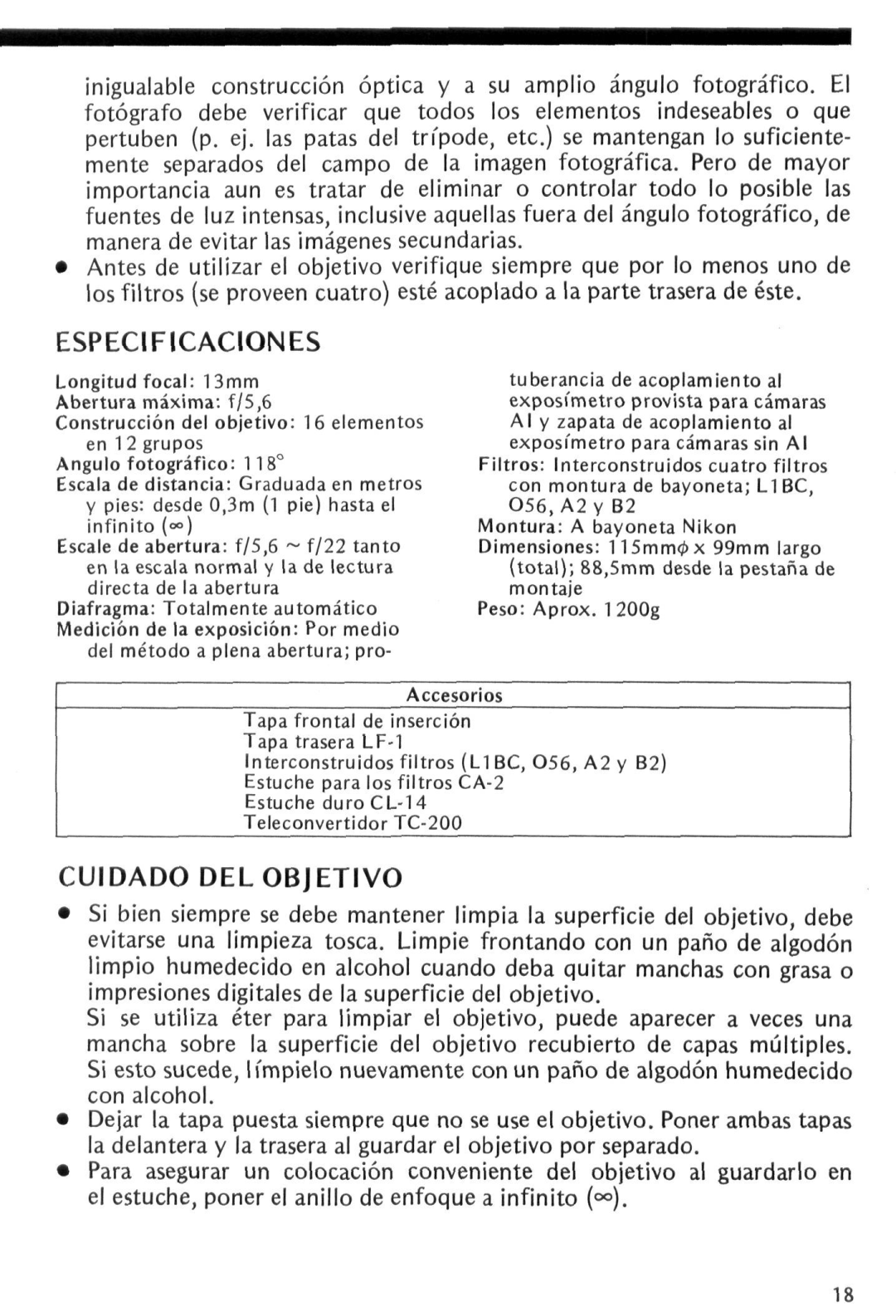 Nikon 13mm manual Especificaciones, Cuidado DEL Objetivo 