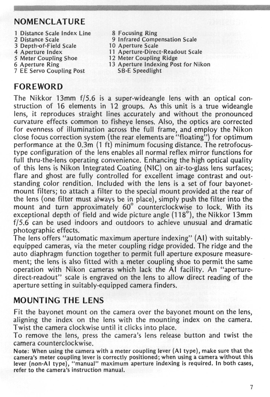 Nikon 13mm manual Nomenclature, Foreword, Mounting the Lens 