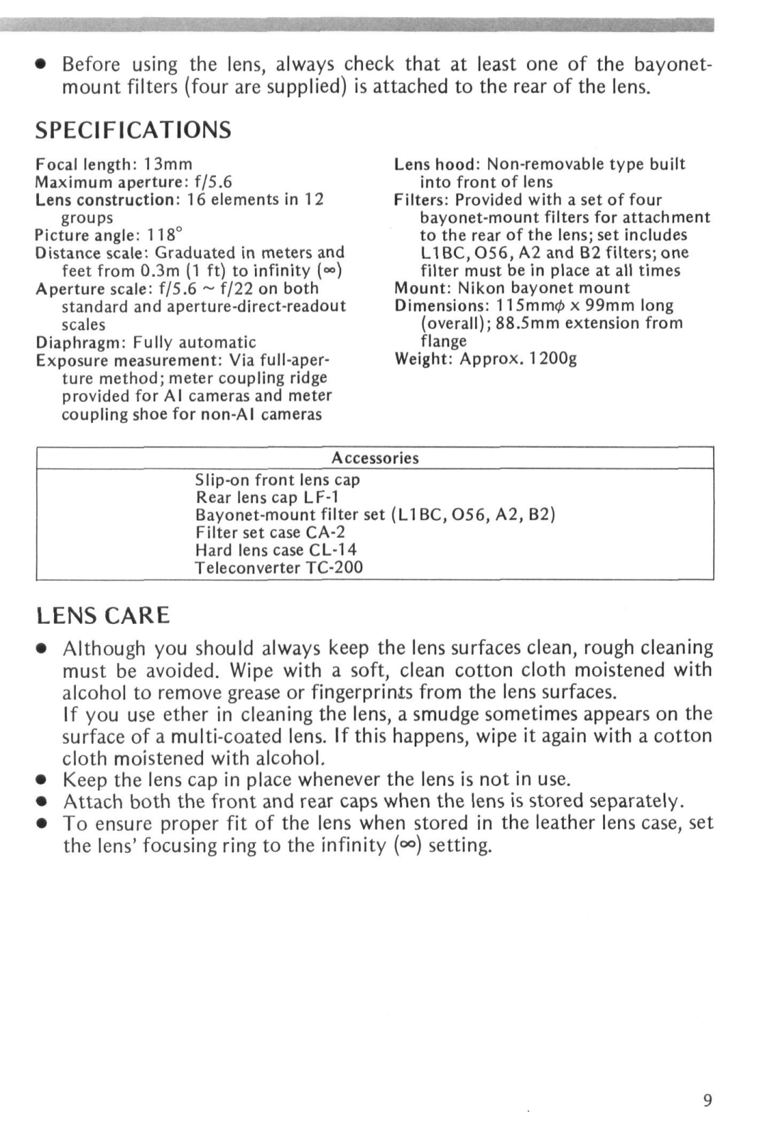 Nikon 13mm manual Specifications, Lens Care 