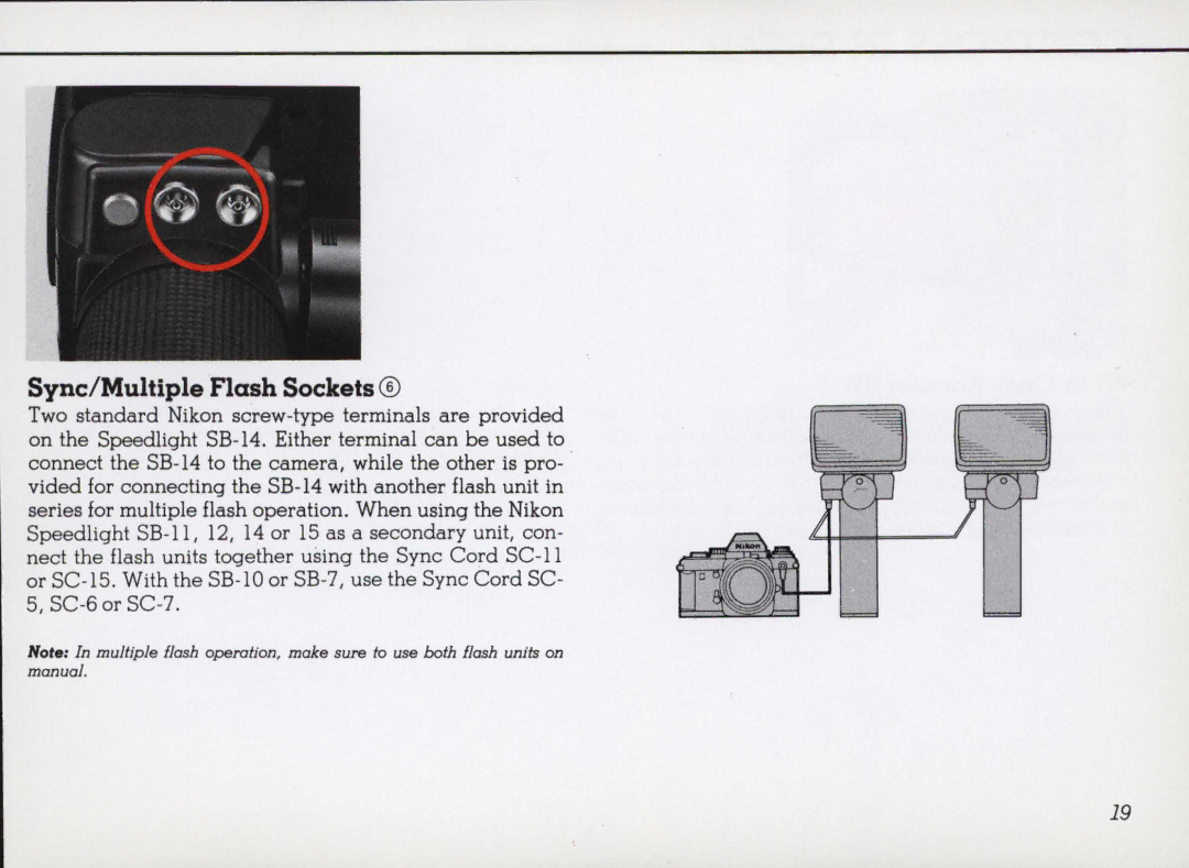 Nikon 14 manual Sync/Multiple Flash Sockets 