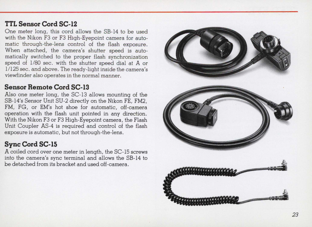 Nikon 14 manual TTL Sensor Cord SC-12, Sensor Remote Cord SC-13, Sync Cord SC-lS 